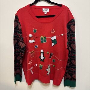 Feeling Festive XL Ugly Christmas Sweater Garland Presents Penguin Sleeves EUC